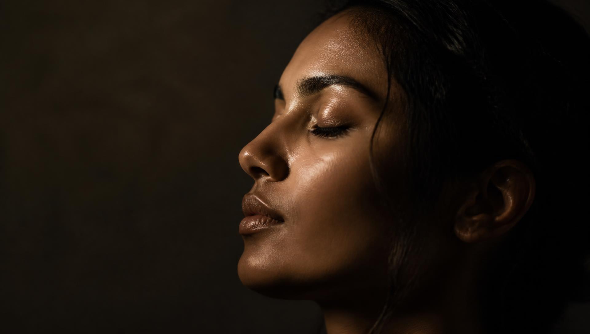 Softly lit profile of a woman with naturally luminous skin