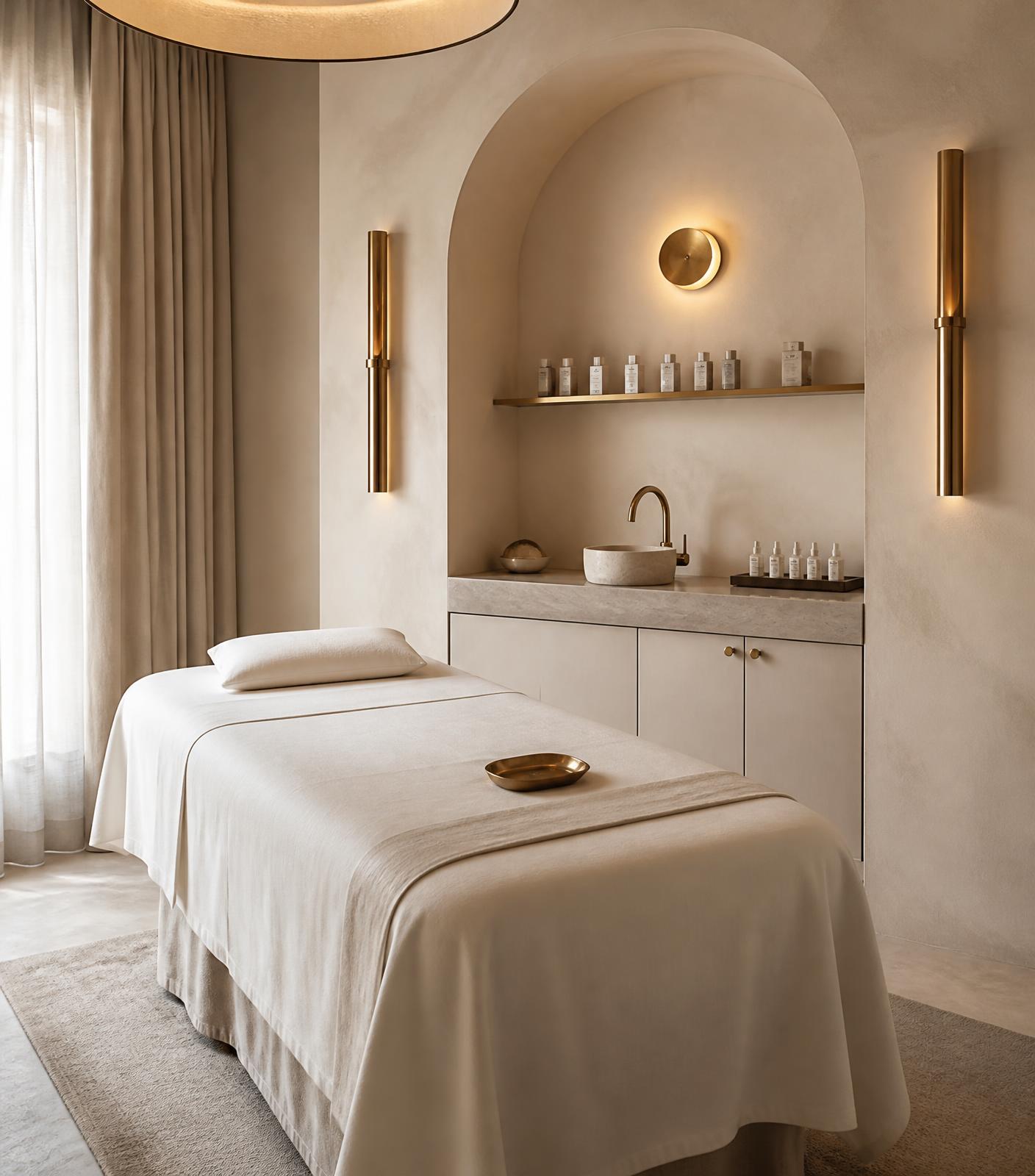Quiet boutique treatment room with cream linens, an arched alcove and warm daylight